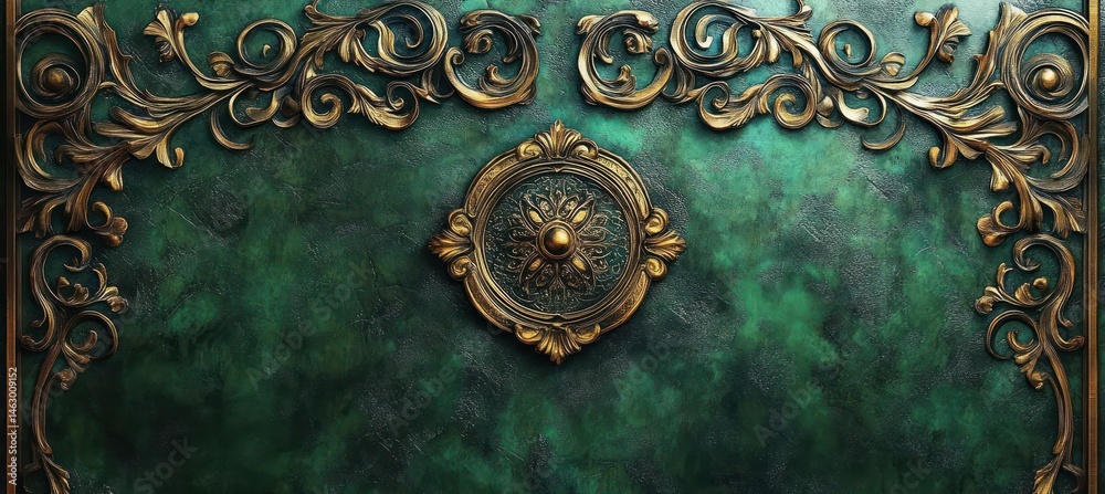 ornate golden floral and swirl decorative frame on textured green background with intricate central medallion