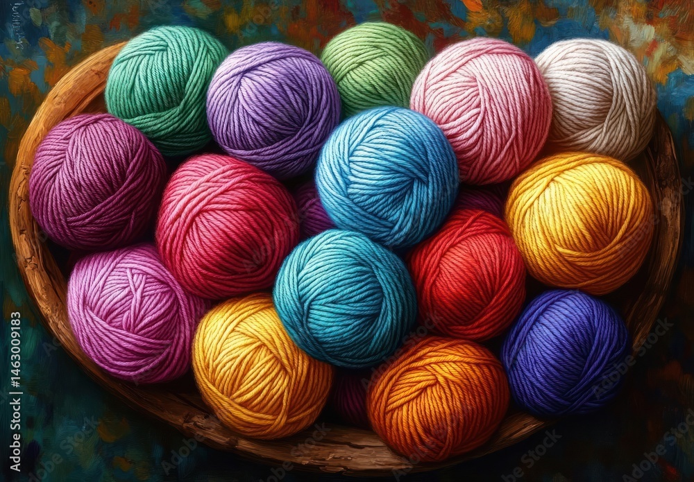 Close-up of colorful yarn balls neatly arranged in a wooden basket on a textured blue and brown surface