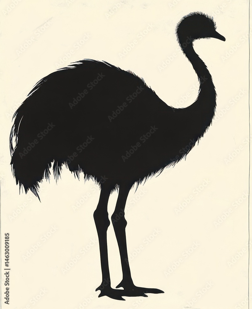 silhouette of a large flightless bird with long legs and a fluffy body standing against a plain light background