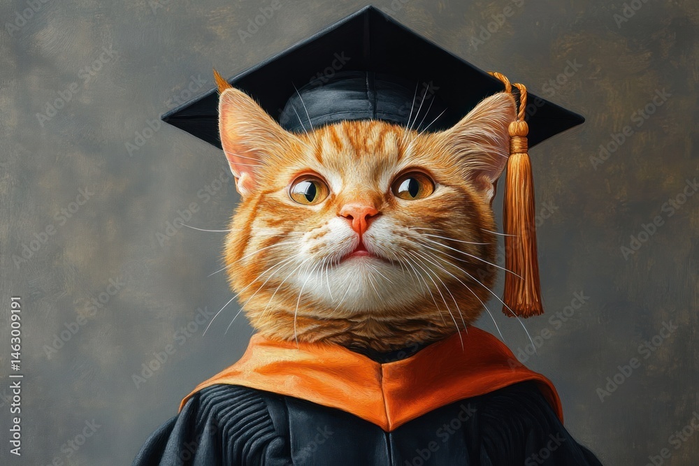 orange tabby cat wearing a black graduation cap and gown with an orange stole, looking confidently forward against a neutral background