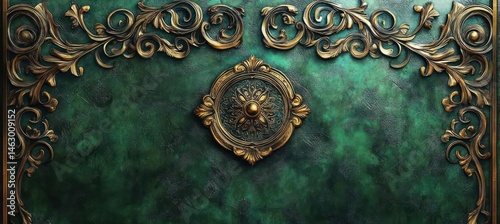 Obraz na płótnie ornate golden floral and swirl decorative frame on textured green background with intricate central medallion w salonie