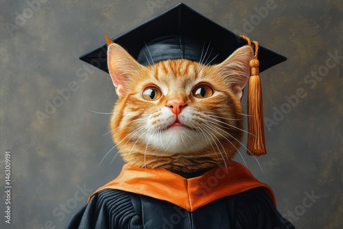 Obraz na płótnie orange tabby cat wearing a black graduation cap and gown with an orange stole, looking confidently forward against a neutral background w salonie