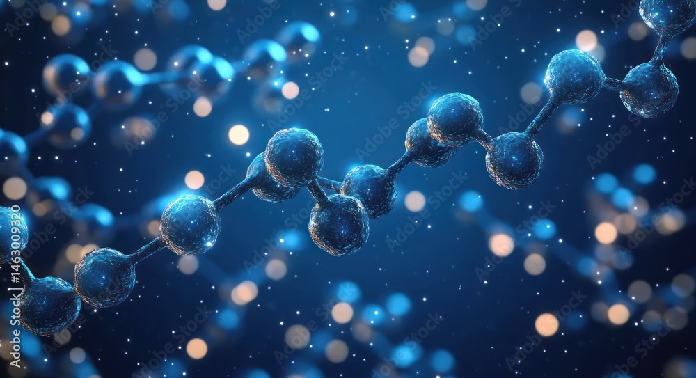 close-up 3d rendering of blue molecular chains with glowing abstract background representing scientific research and molecular structure
