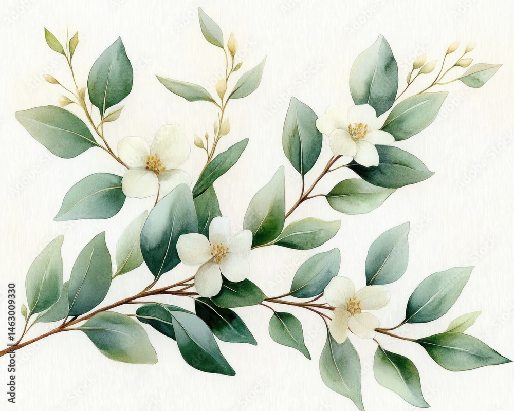 Delicate branch with green leaves and white flowers painted in soft watercolor tones against a light background