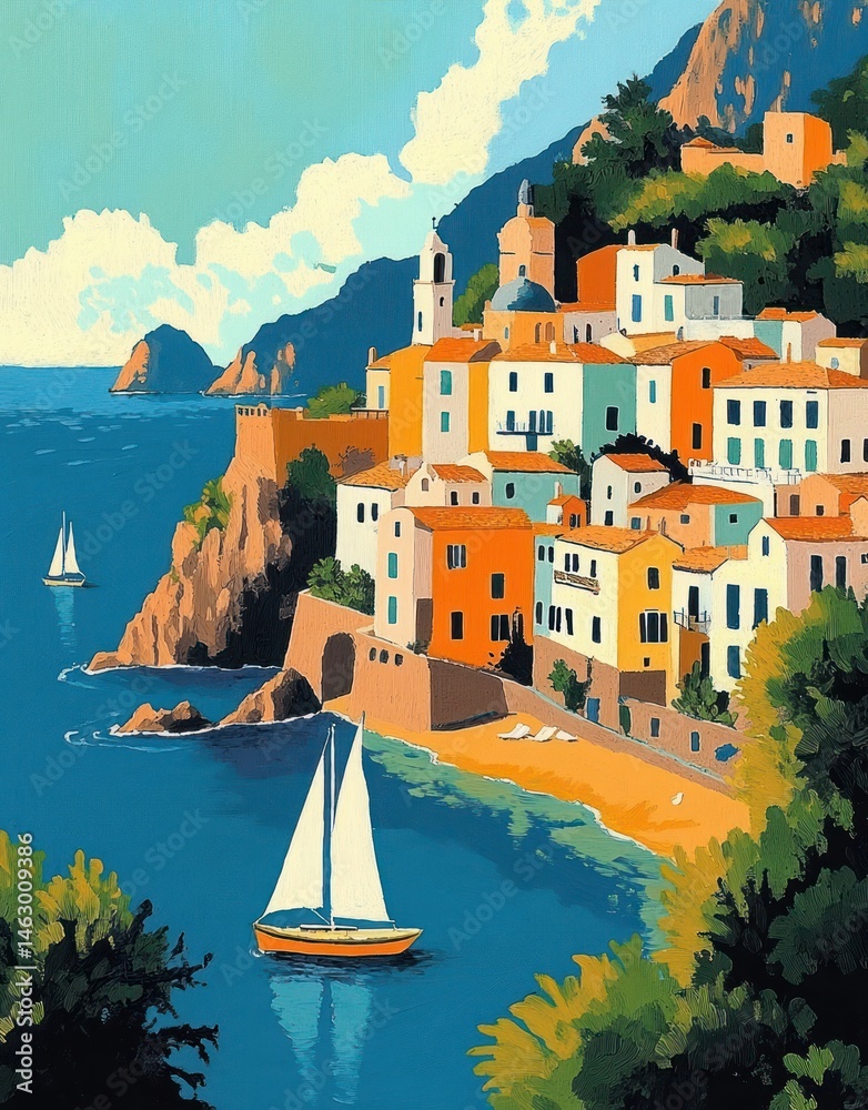 Colorful coastal village with clustered houses on cliffs overlooking a calm blue sea with sailboats under a bright sky