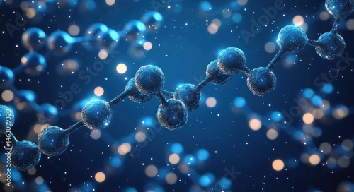 Obraz na płótnie close-up 3d rendering of blue molecular chains with glowing abstract background representing scientific research and molecular structure w salonie