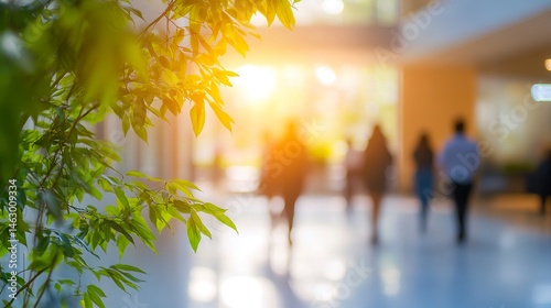 A defocused image of people in motion within a bright office space, natural sunlight highlighting green indoor trees, creating an ecological and responsible business setting 