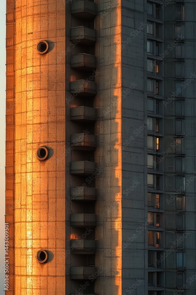 Sunlight casting warm orange glow on the concrete facade of a high-rise building with multiple balconies and round ventilation openings, creating contrast with shaded areas