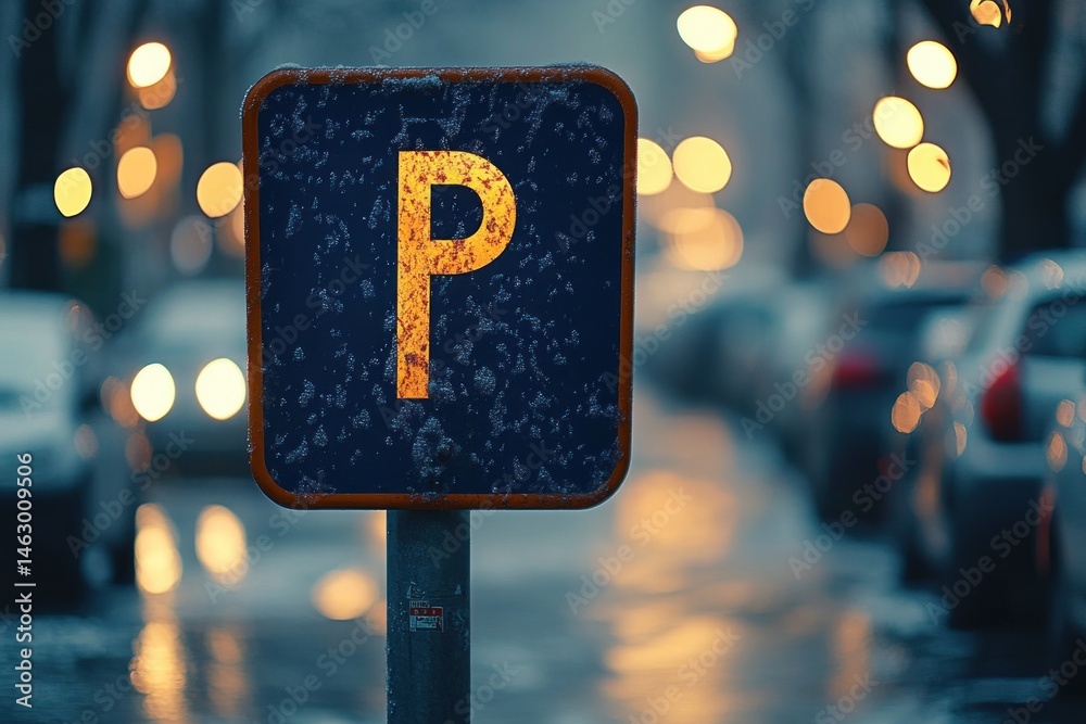 rusty parking sign with illuminated letter p standing on wet street lined with parked cars and blurred warm street lights
