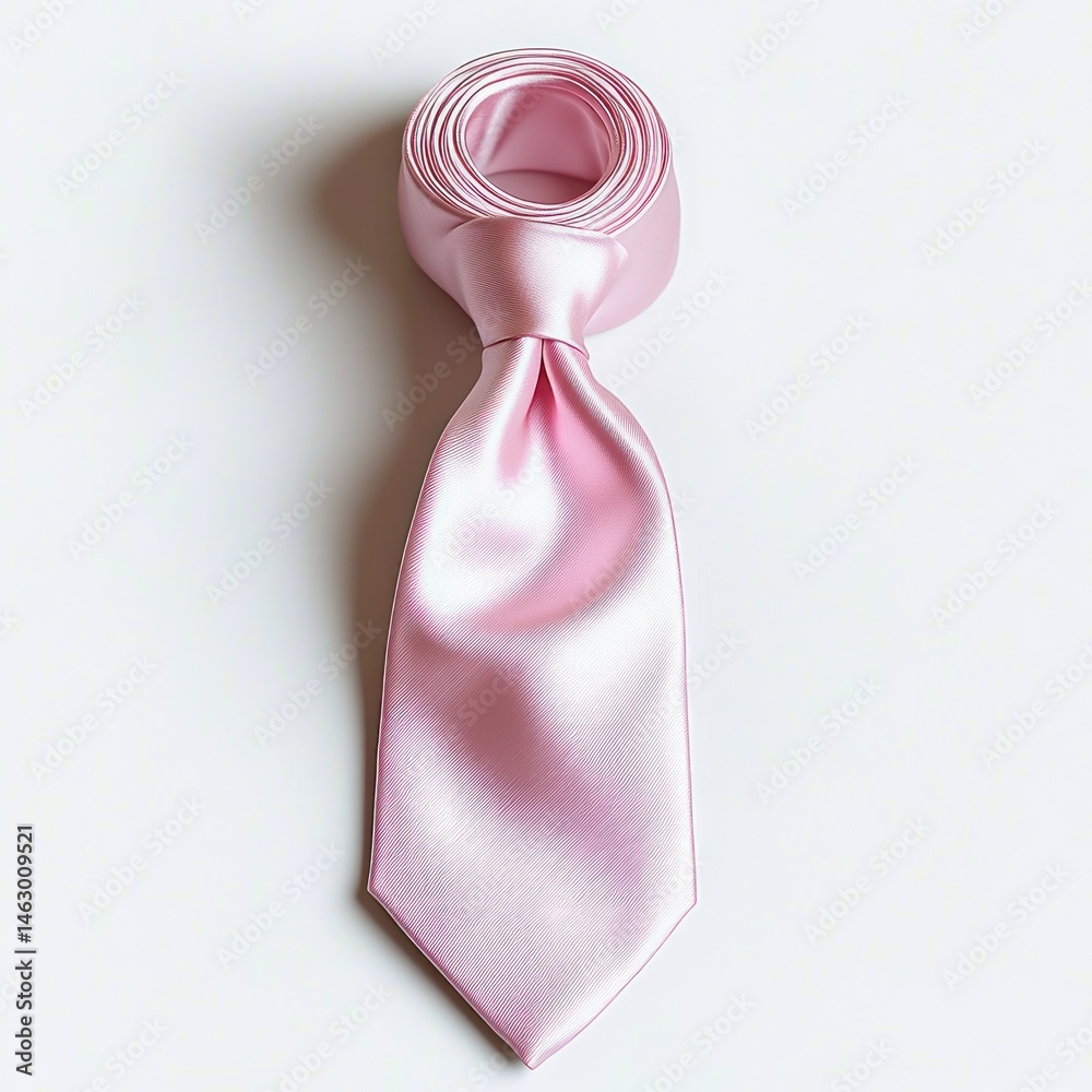rolled pink satin necktie with a smooth shiny texture on a white background