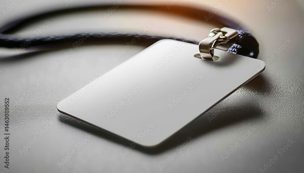 Close-up view of a blank white badge attached to a black lanyard placed on a textured surface under soft lighting