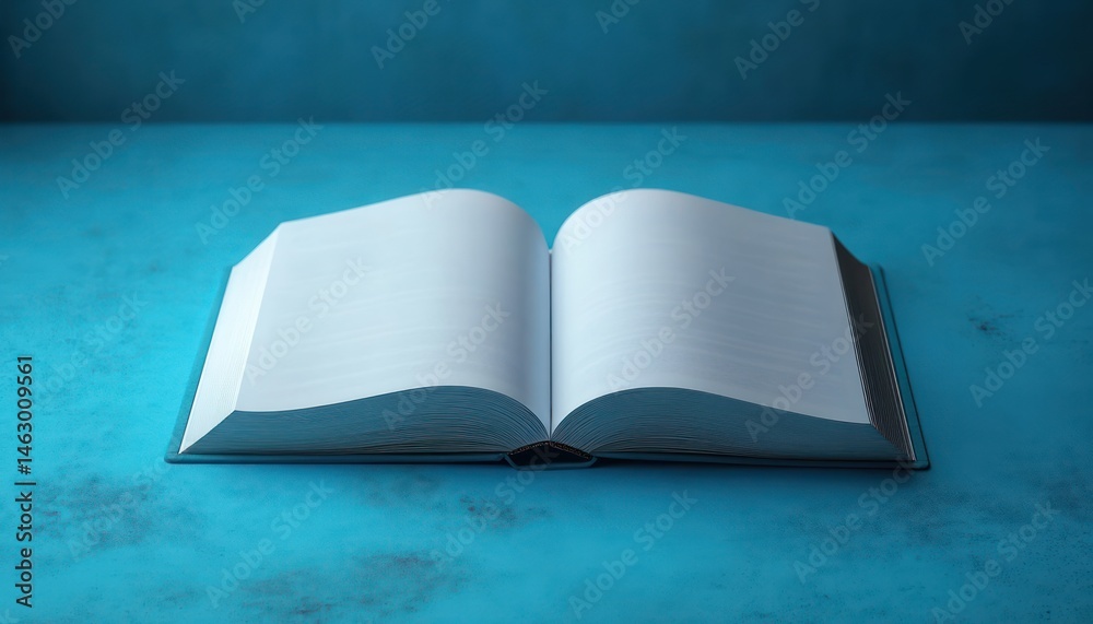 Open blank book lying flat on a textured blue surface under soft lighting