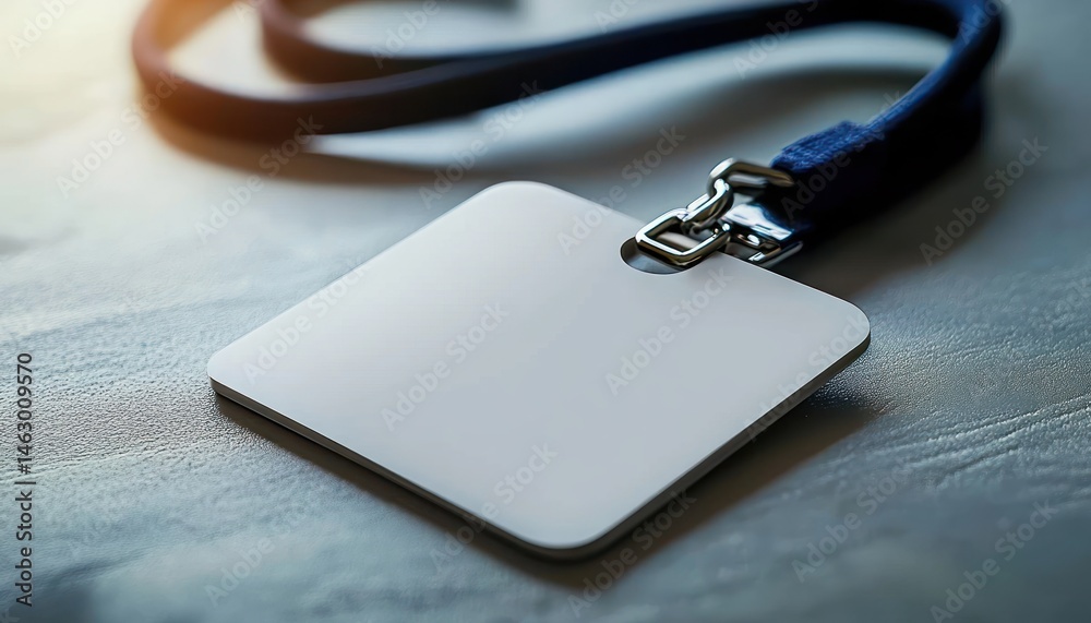 Close-up of a blank white badge attached to a black lanyard resting on a textured surface with soft natural lighting