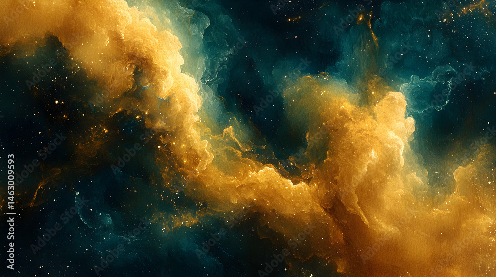 Obraz premium Abstract cosmic nebulae of swirling gold and teal hues