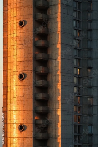 Obraz na płótnie Sunlight casting warm orange glow on the concrete facade of a high-rise building with multiple balconies and round ventilation openings, creating contrast with shaded areas w salonie