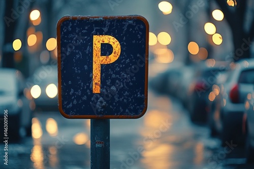 Obraz na płótnie rusty parking sign with illuminated letter p standing on wet street lined with parked cars and blurred warm street lights w salonie