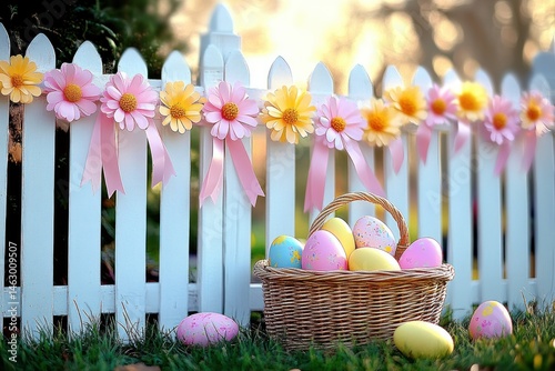 Obraz na płótnie colorful Easter eggs in a wicker basket on the grass near a white picket fence decorated with pink and yellow artificial flowers and ribbons in soft warm light w salonie