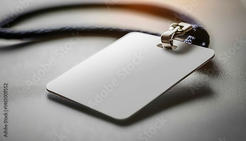 Obraz na płótnie Close-up view of a blank white badge attached to a black lanyard placed on a textured surface under soft lighting w salonie