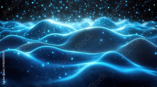 Obraz na płótnie Glowing blue digital waves with small particles creating a futuristic and dynamic holographic landscape under a dark background w salonie