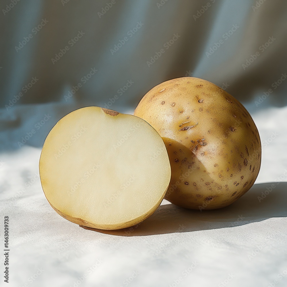 One whole potato and one half potato showing smooth light yellow surface on a beige fabric background with soft natural lighting