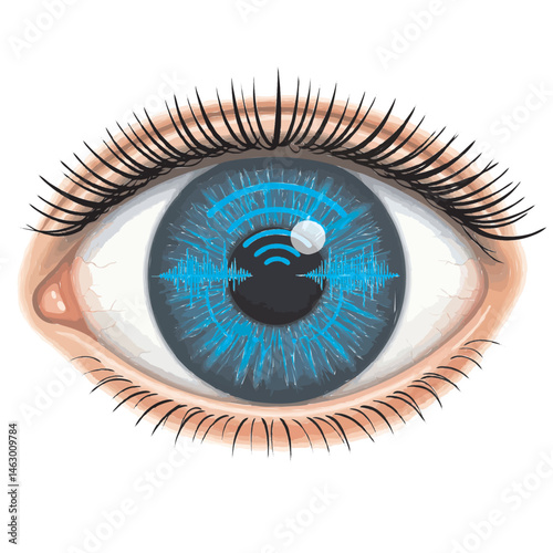 A stylized illustration of a human eye with integrated biometric technology