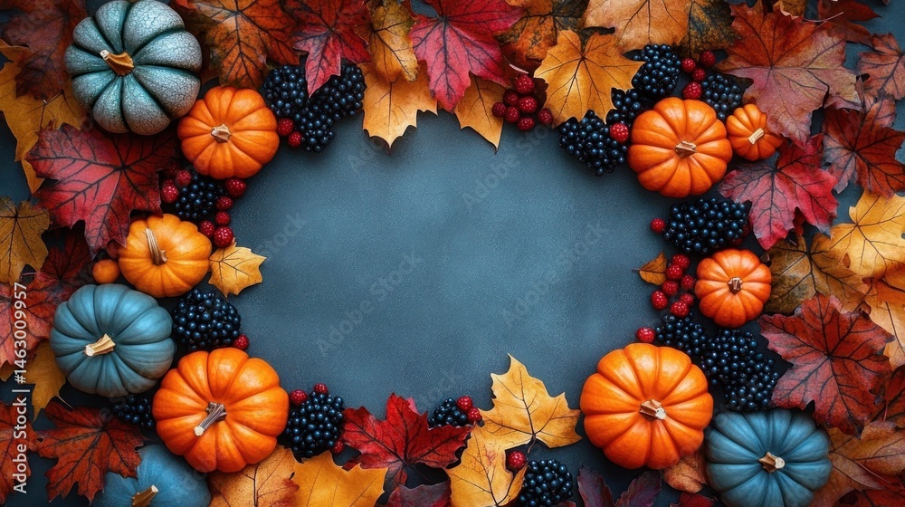 Colorful autumn frame made with small orange and blue pumpkins, red and black berries, and vibrant red and yellow fall leaves on dark background