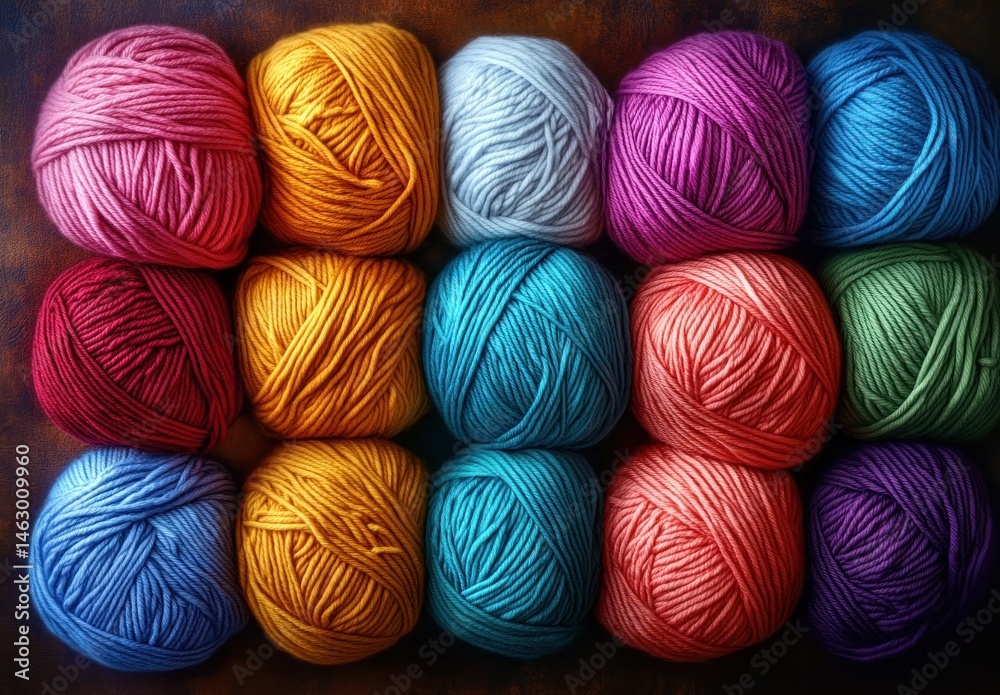 Close-up of colorful yarn balls neatly arranged in rows on a dark wooden surface, showcasing vibrant shades and soft texture, evoking creativity and warmth