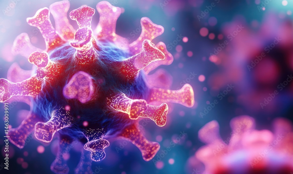 Close-up view of a virus particle with spike proteins glowing in purple and red hues, immersed in a blurred background of similar particles