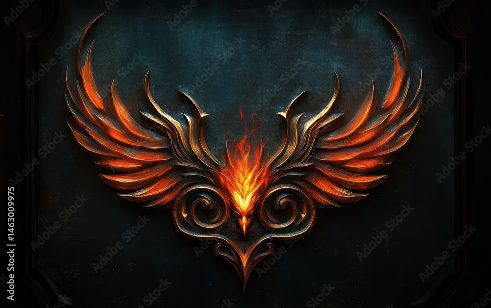 Fiery stylized phoenix emblem with bright orange and red flames forming detailed wings and head on dark textured background conveying power and rebirth