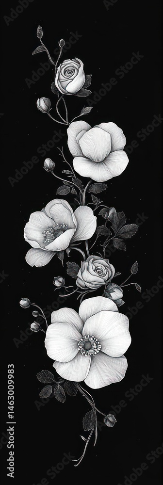 Detailed black and white illustration of various blooming flowers and rosebuds arranged vertically on a dark background, showcasing delicate petals and leaves