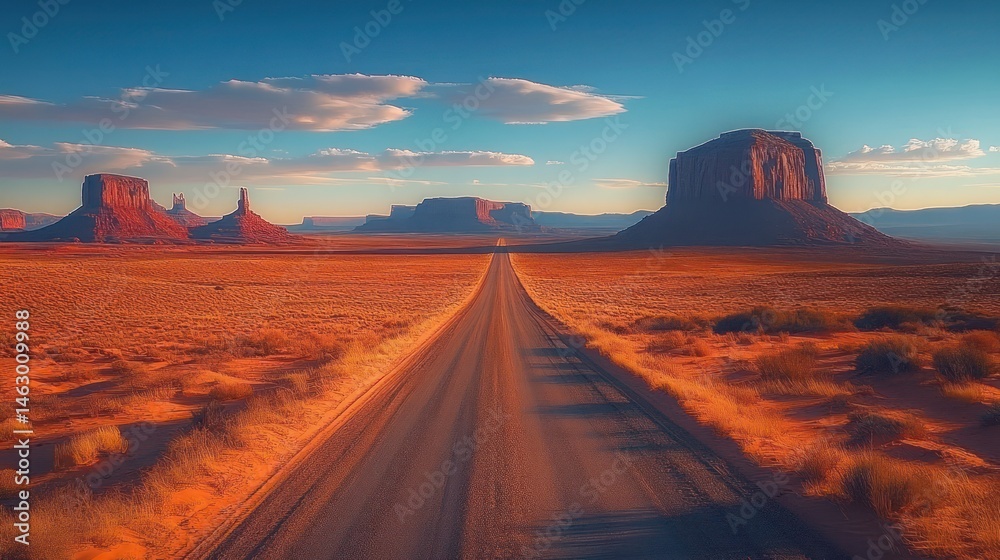 Long straight road stretching through an expansive desert landscape with large rock formations under a blue sky with scattered clouds at sunset