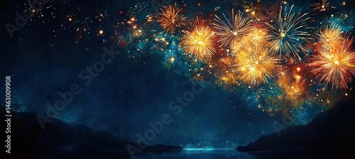 Obraz na płótnie Bright golden fireworks exploding in the night sky over a calm body of water surrounded by dark mountainous silhouettes, creating a festive and celebratory atmosphere w salonie
