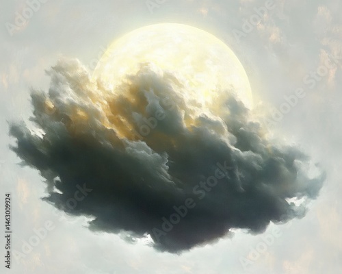 Bright full moon partially obscured by dramatic dark cloud against a soft pale sky, evoking a mysterious and serene nighttime scene
