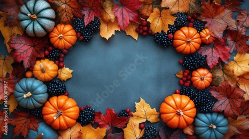 Obraz na płótnie Colorful autumn frame made with small orange and blue pumpkins, red and black berries, and vibrant red and yellow fall leaves on dark background w salonie