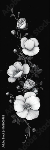 Obraz na płótnie Detailed black and white illustration of various blooming flowers and rosebuds arranged vertically on a dark background, showcasing delicate petals and leaves w salonie