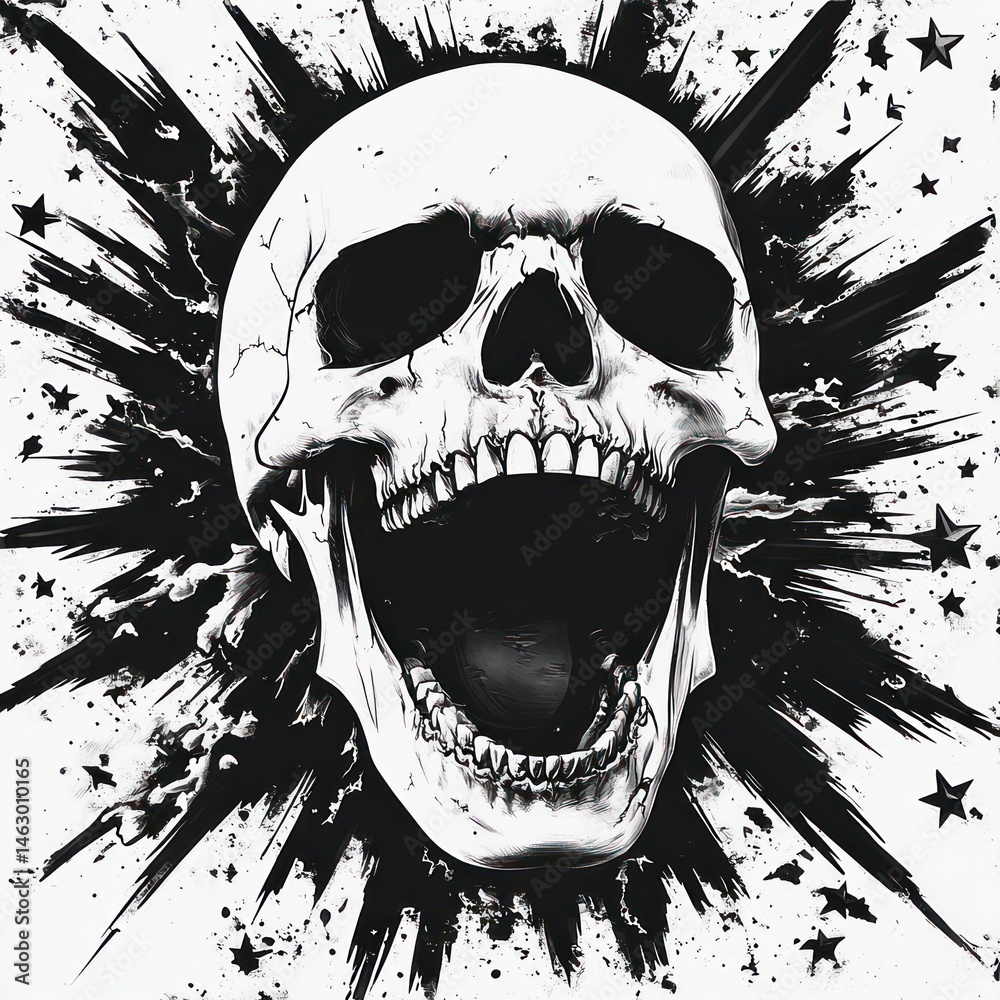 Black and white illustration of a screaming human skull with cracks, surrounded by splattered ink and scattered stars creating a dramatic and intense visual effect