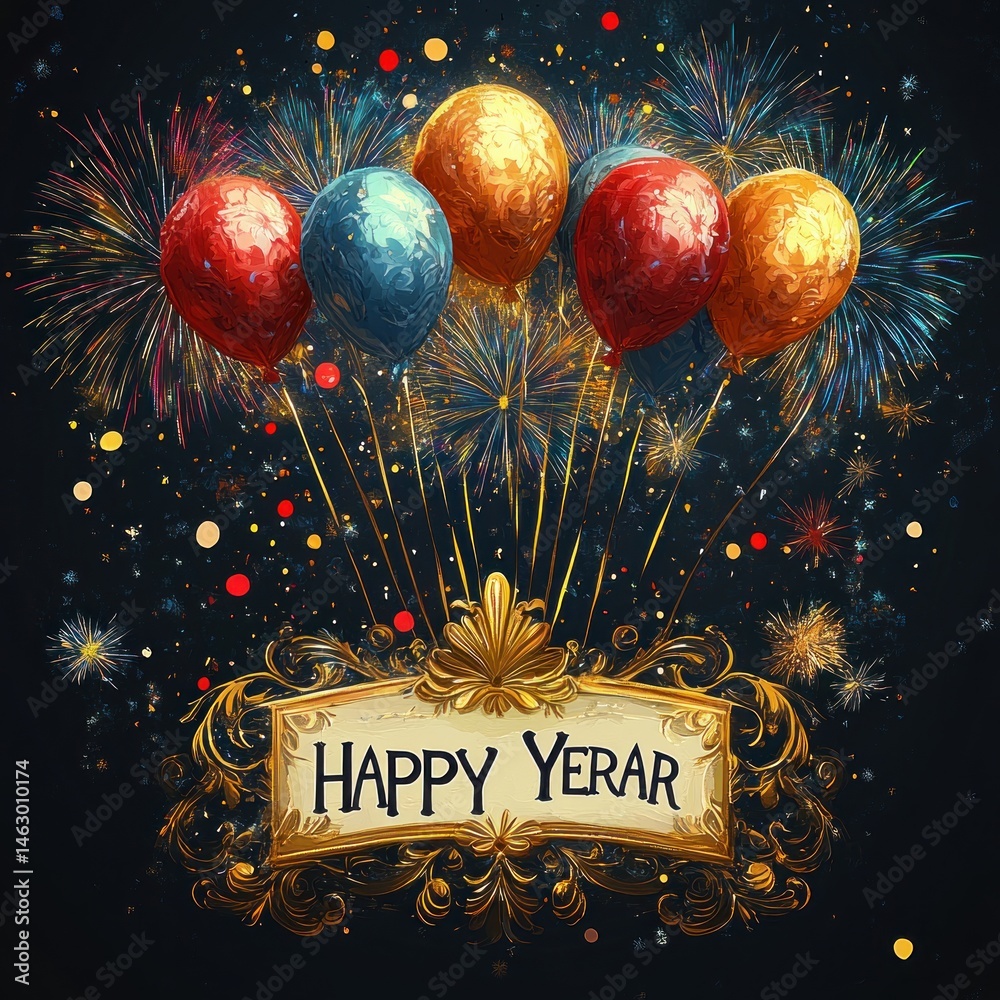 colorful balloons in red, blue, and gold floating above a decorative golden frame with fireworks exploding brightly in the night sky celebrating the new year
