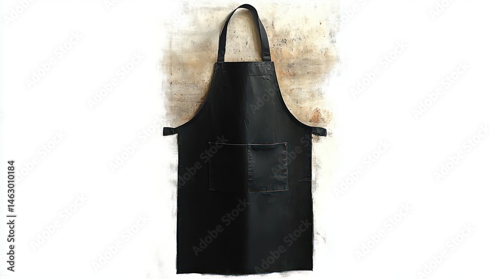 black apron with neck strap and front pocket hanging against a textured light brown and white background