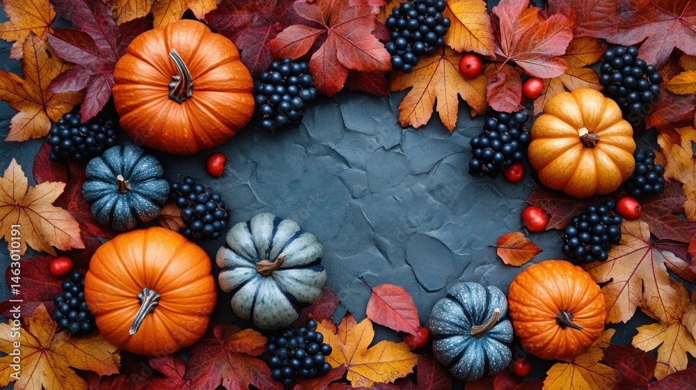 Autumn arrangement of small pumpkins, colorful fall leaves, black berries, and red berries on a textured dark background creating a festive seasonal frame