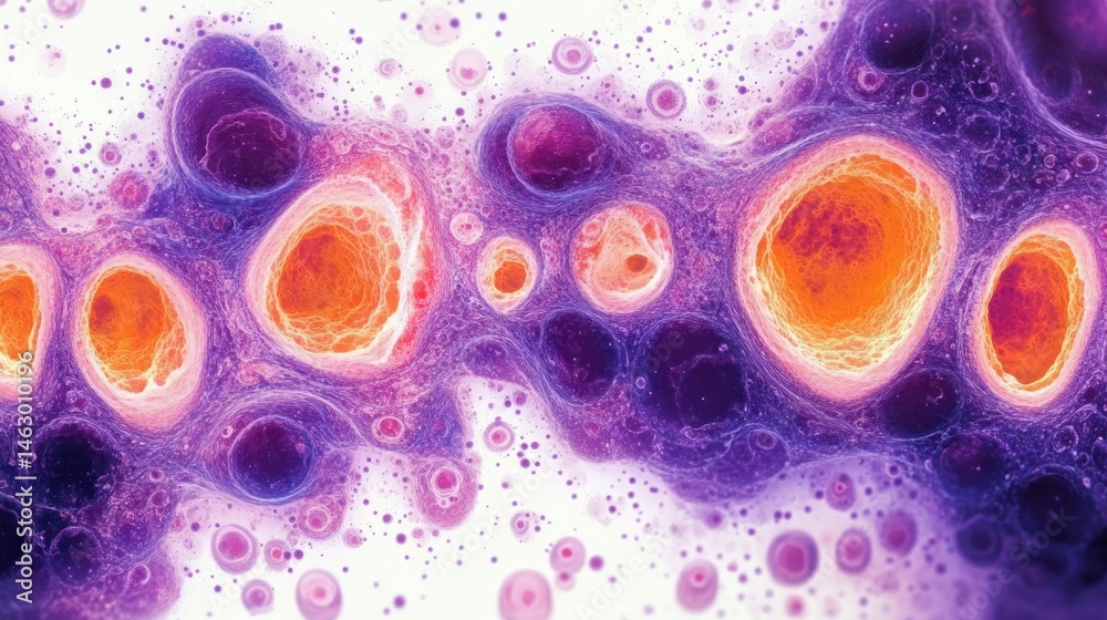 Close-up view of colorful cellular-like structures with glowing orange centers surrounded by purple and pink membranes, creating an abstract and dynamic biological pattern