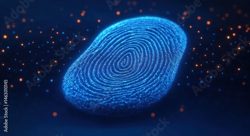 Close-up of a glowing blue fingerprint surrounded by small scattered light particles on a dark background symbolizing digital identity and security
