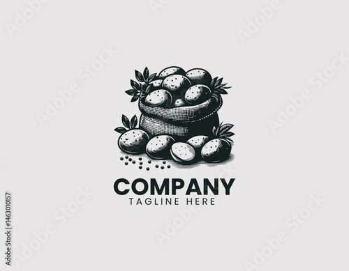 Illustration of burlap sack full of brown potatoes on white background. Flat cartoon vector logo design for organic farm branding and food packaging.