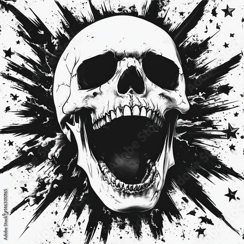 Black and white illustration of a screaming human skull with cracks, surrounded by splattered ink and scattered stars creating a dramatic and intense visual effect