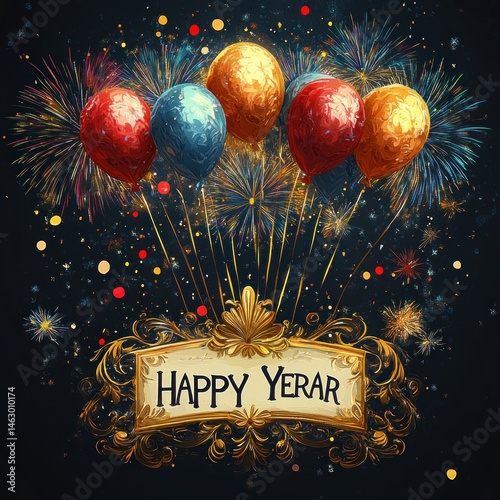 Obraz na płótnie colorful balloons in red, blue, and gold floating above a decorative golden frame with fireworks exploding brightly in the night sky celebrating the new year w salonie