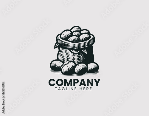 Illustration of burlap sack full of brown potatoes on white background. Flat cartoon vector logo design for organic farm branding and food packaging.