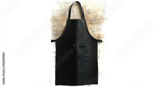 Obraz na płótnie black apron with neck strap and front pocket hanging against a textured light brown and white background w salonie