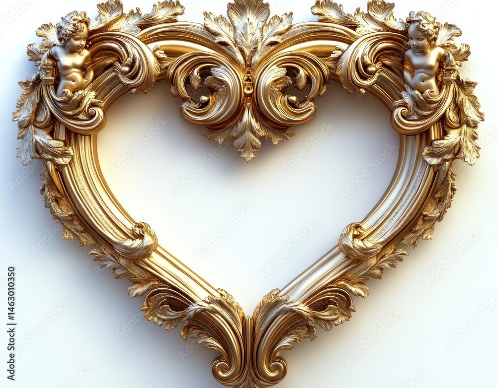 ornate golden heart-shaped frame with intricate leaf patterns and two cherub sculptures on top corners conveying elegance and classic beauty