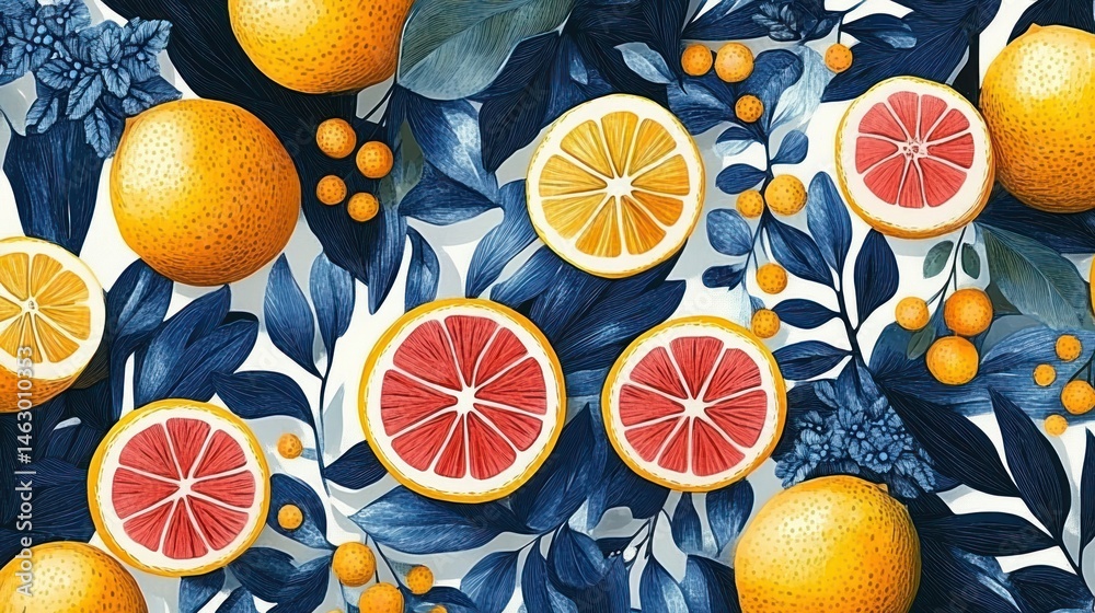 Vibrant arrangement of whole and sliced citrus fruits with blue foliage on white background creating a fresh and lively atmosphere