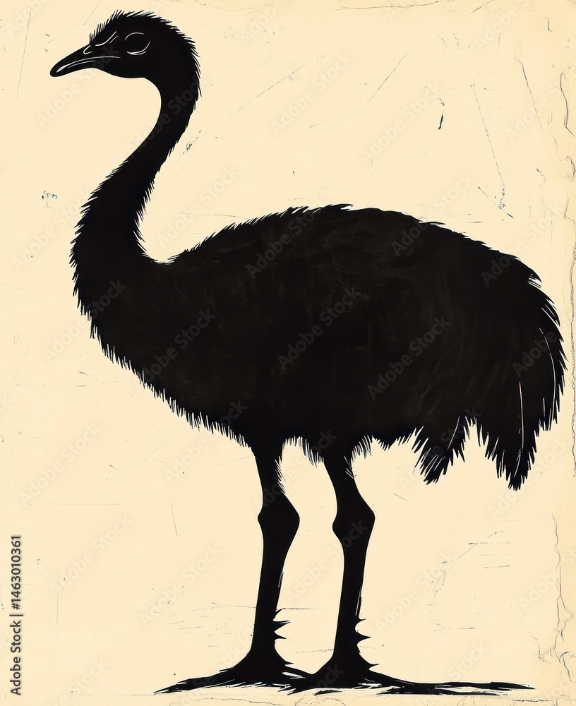 silhouette of a large flightless bird with long neck and legs standing on a light background conveying a calm and natural mood
