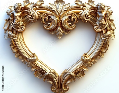 Obraz na płótnie ornate golden heart-shaped frame with intricate leaf patterns and two cherub sculptures on top corners conveying elegance and classic beauty w salonie